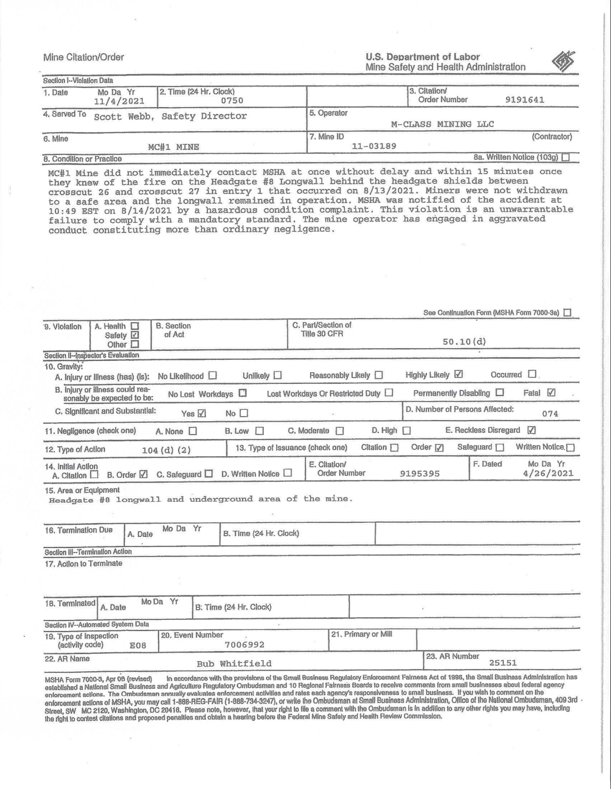 MSHA Mine Citation/Order Form 7000-3